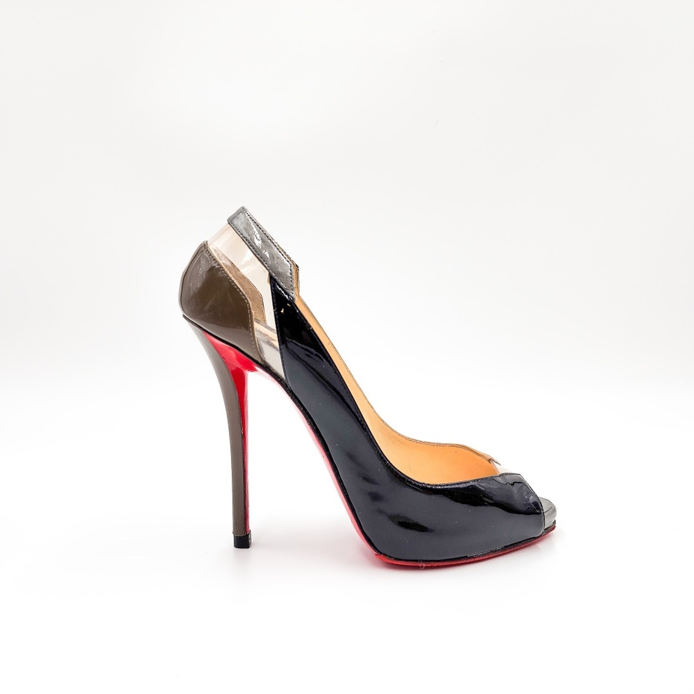 Christian Louboutin Technicatina Patent Leather Black Taupe Heels Pumps EU 37